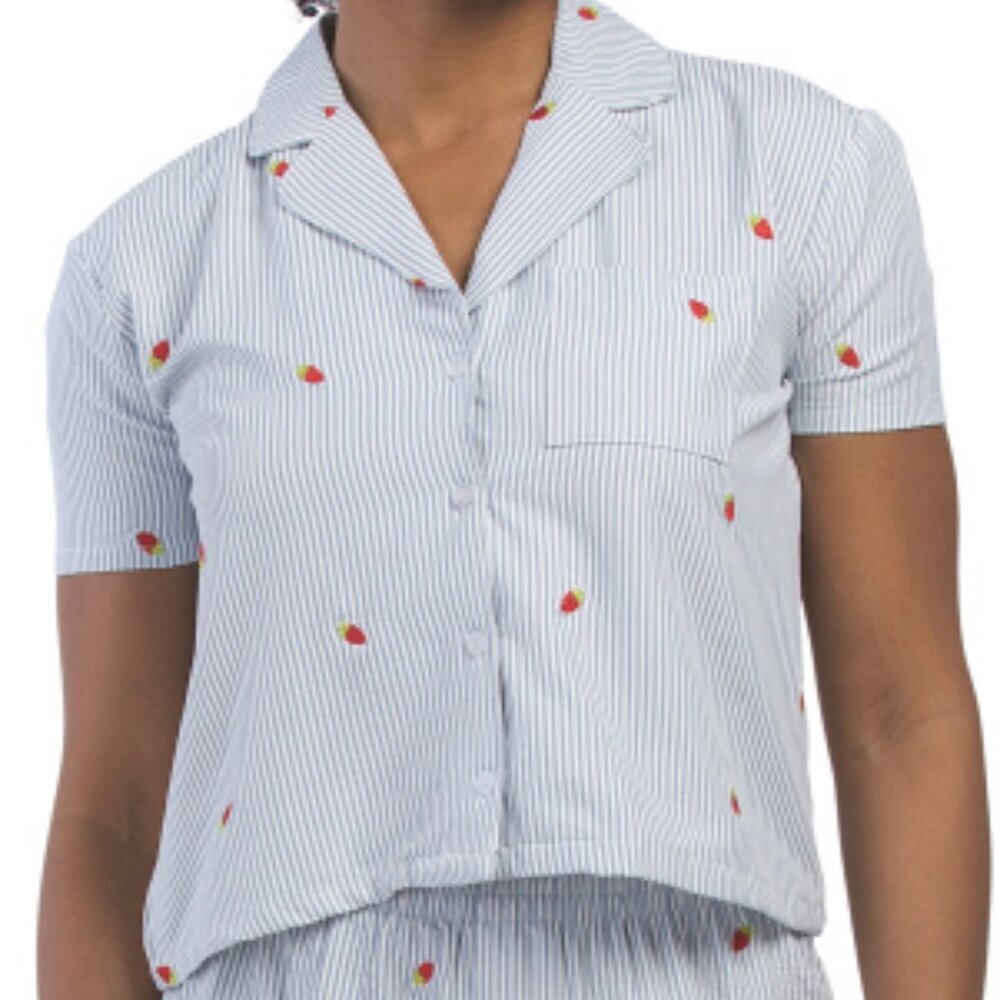 ❤️ Better Together "Dreamy Nights" Striped Pajama Top w/ Strawberry Embroidery L